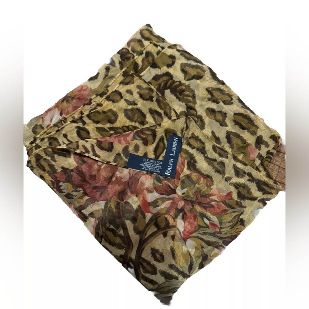NWOT Ralph Lauren Floral Garden 100% Silk‎ Cheetah VINTAGE 90s 35” A6